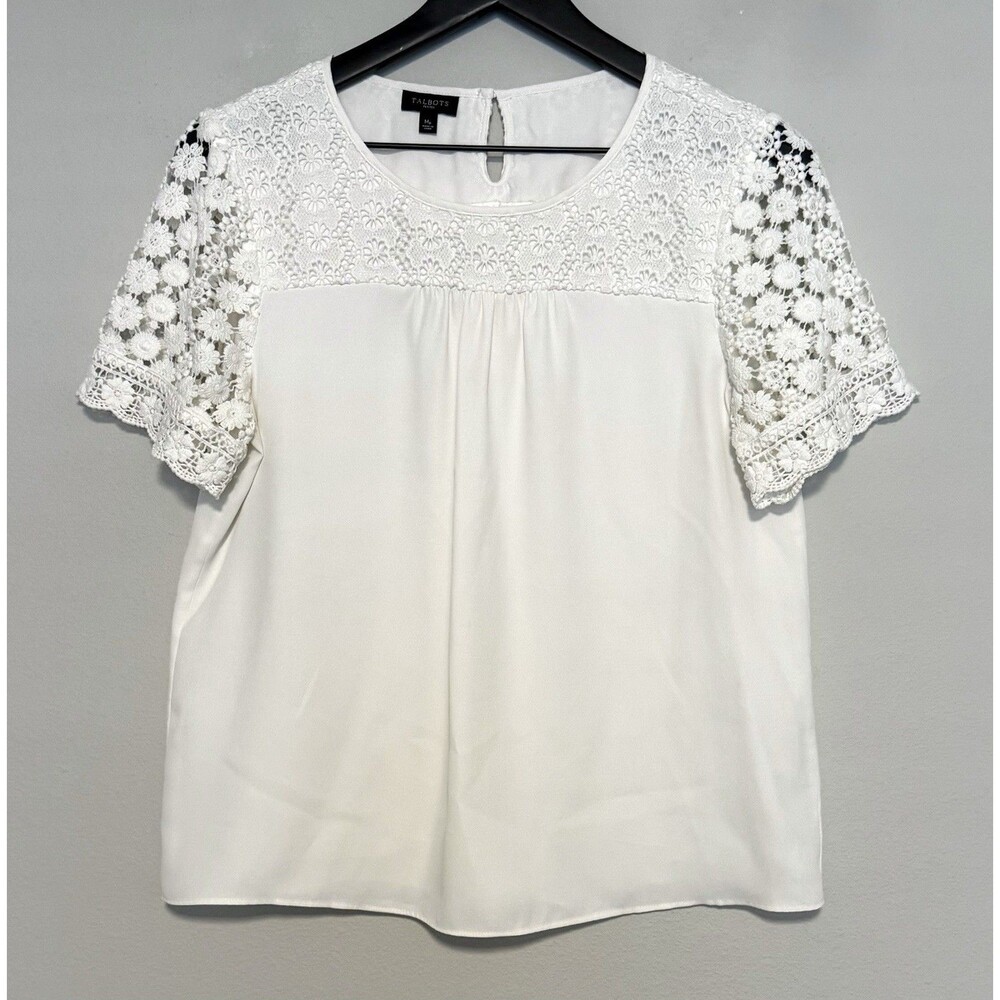 Talbots Petites Blouse Sz MP Cream Crochet Top Short Sleeve Classic Career